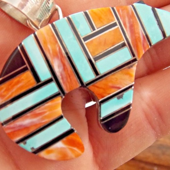 LARGE Navajo Handmade Sterling Silver Multicolor Inlay Bear Pendant 31g - Picture 2 of 7